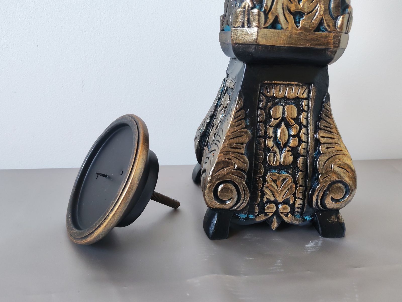 Tall 85cm Ornate Solid Wood Floor Candle Holder, Copper & Verdigris Patina, Upcycled photo Lighting