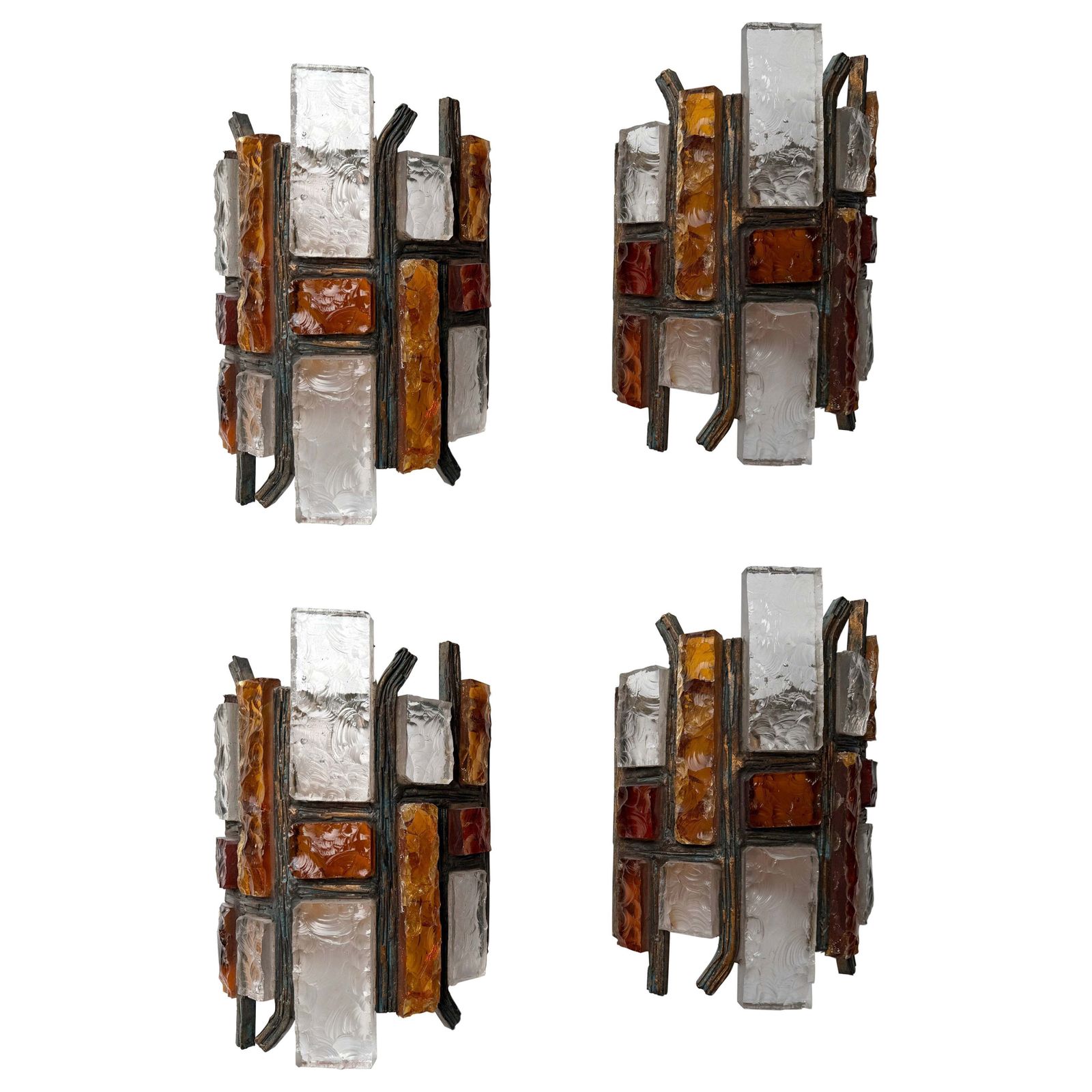 Pair Of Hammered Glass Wrought Iron Sconces By Longobard Italy 1970s