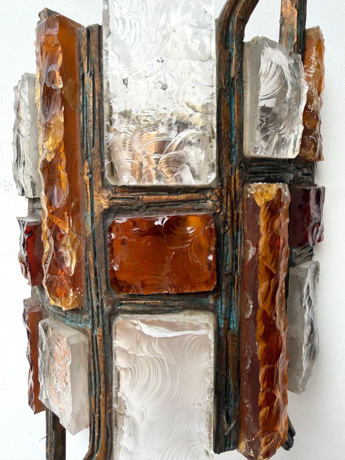 Pair Of Hammered Glass Wrought Iron Sconces By Longobard Italy 1970s photo for sale