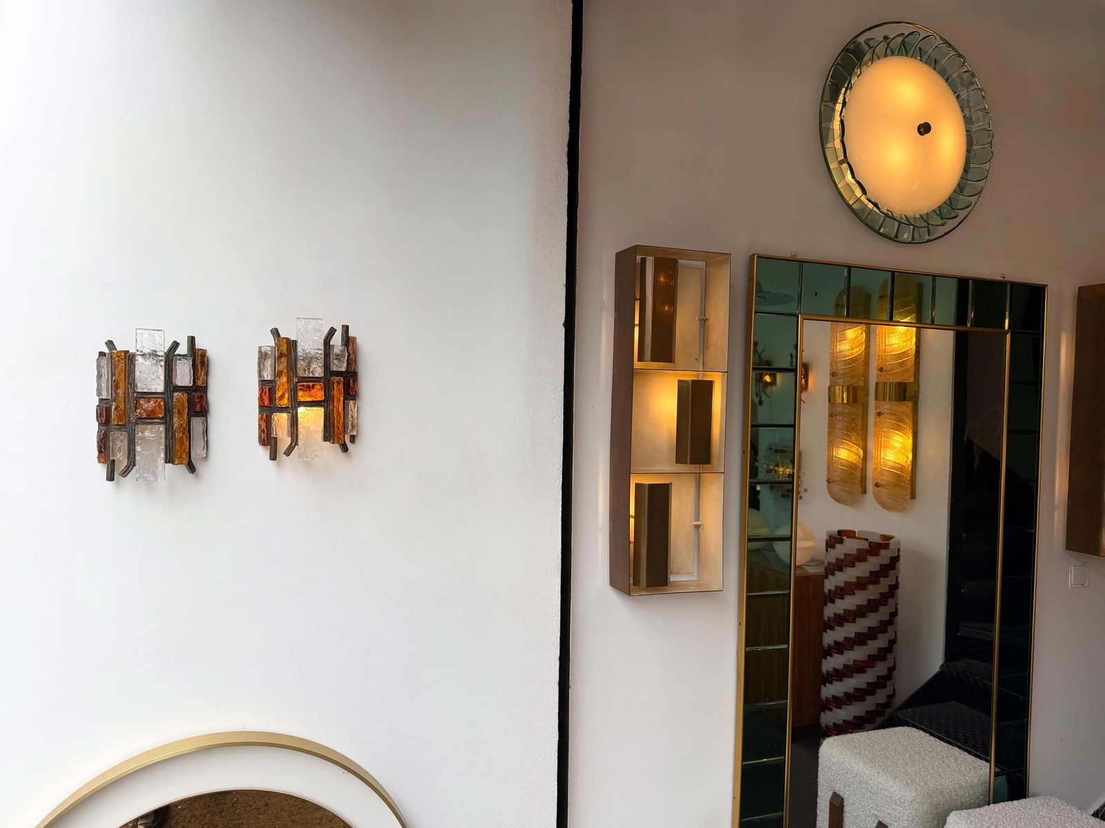 Pair Of Hammered Glass Wrought Iron Sconces By Longobard Italy 1970s photo vinterior