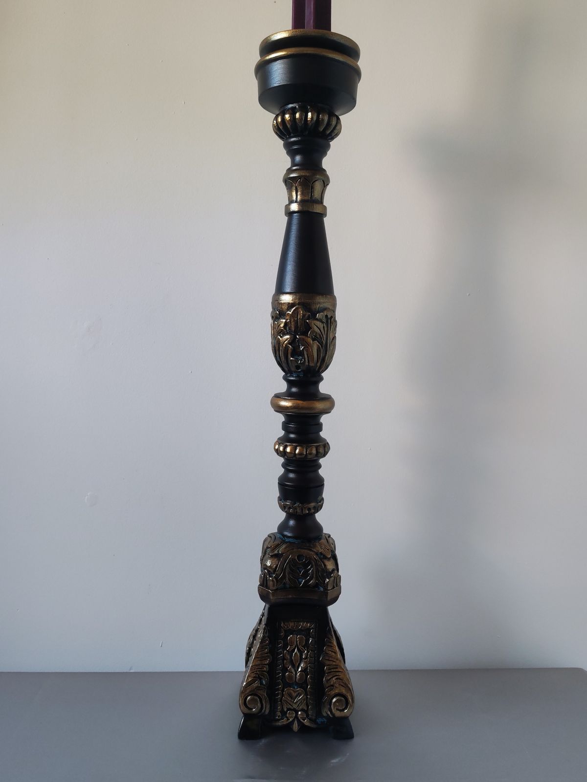photo vinterior Tall 85cm Ornate Solid Wood Floor Candle Holder, Copper & Verdigris Patina, Upcycled