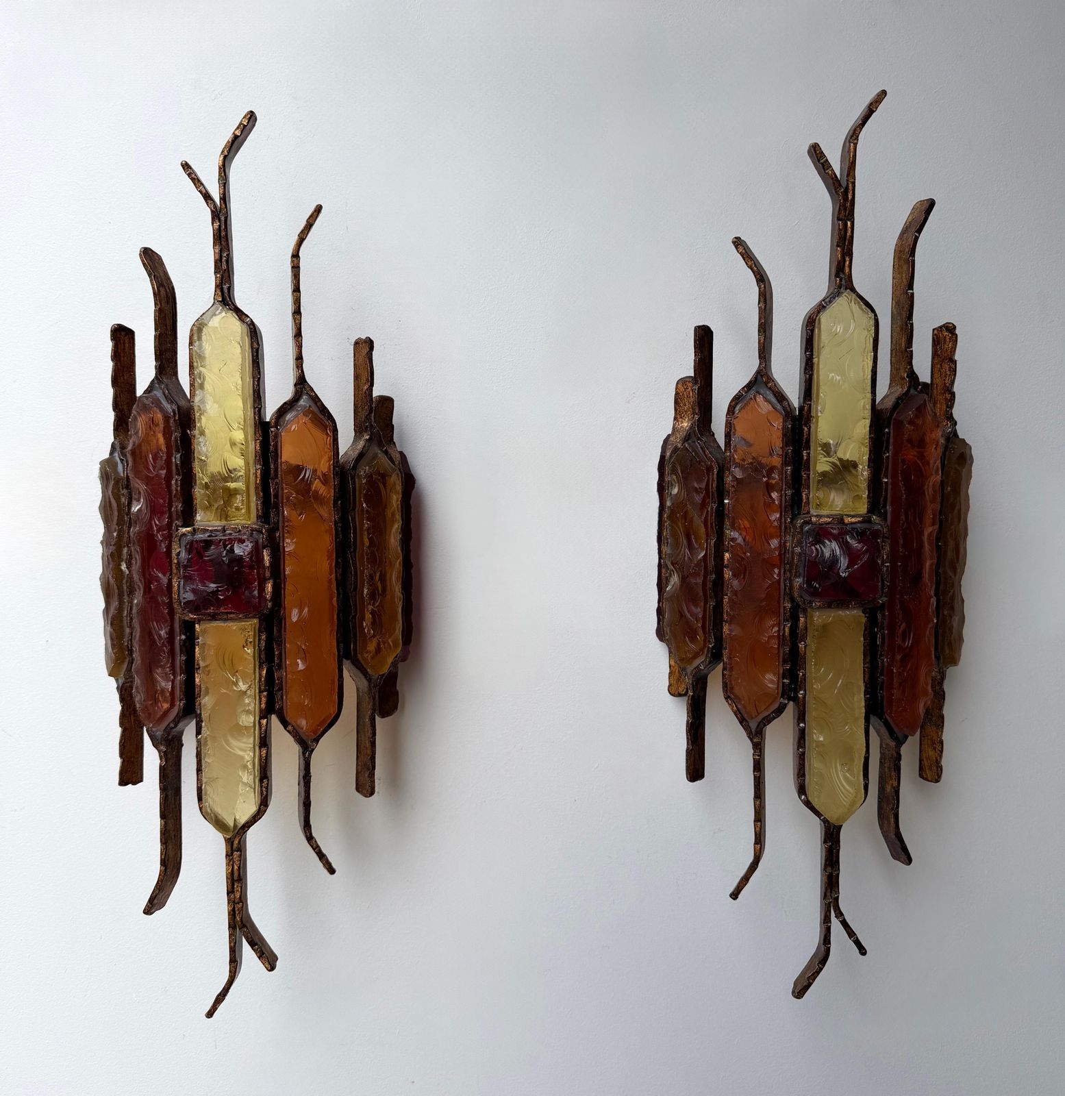 Pair Of Hammered Glass Wrought Iron Sconces By Longobard Italy 1970s photo for sale