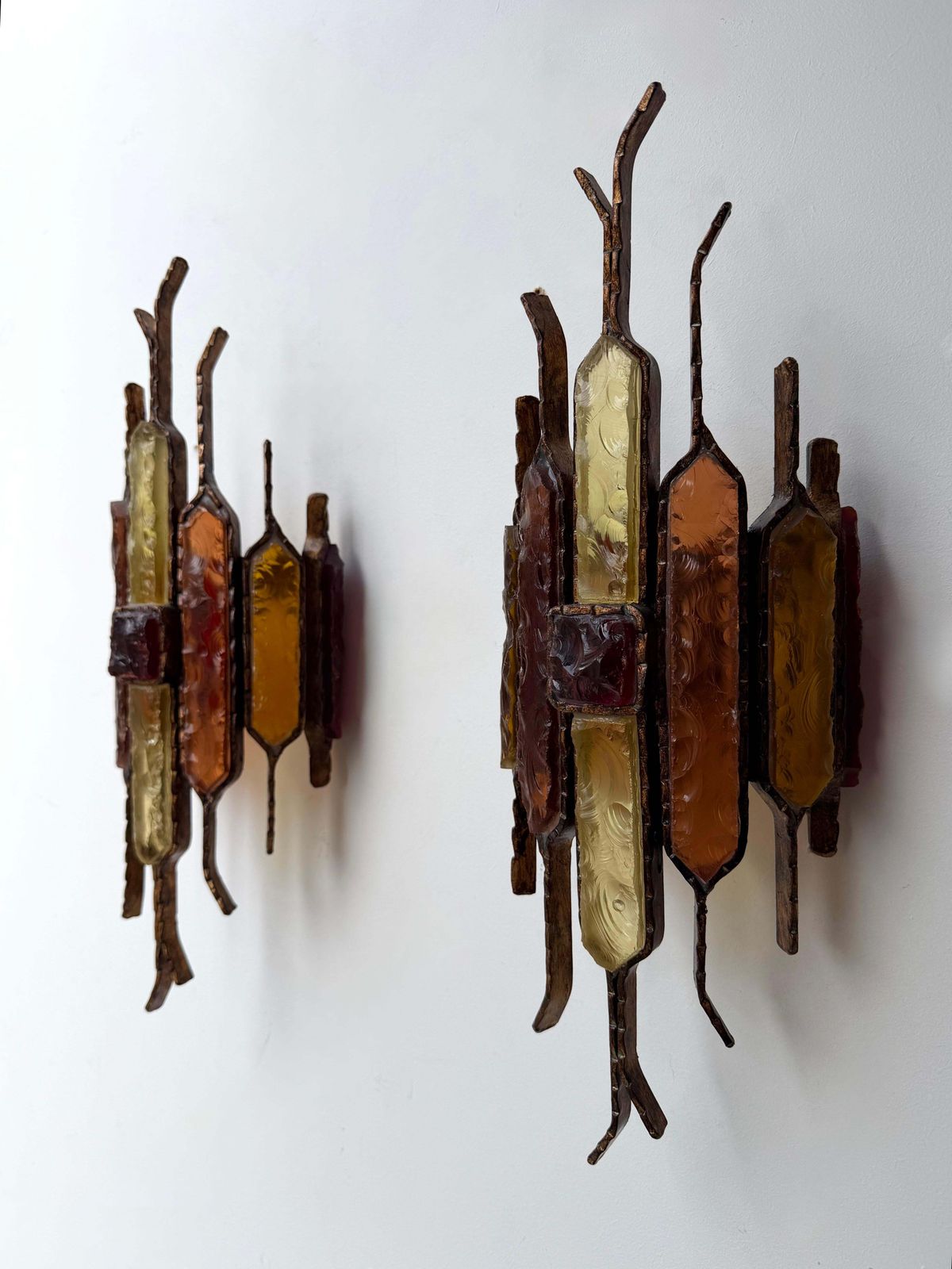 Pair Of Hammered Glass Wrought Iron Sconces By Longobard Italy 1970s photo 4351.0