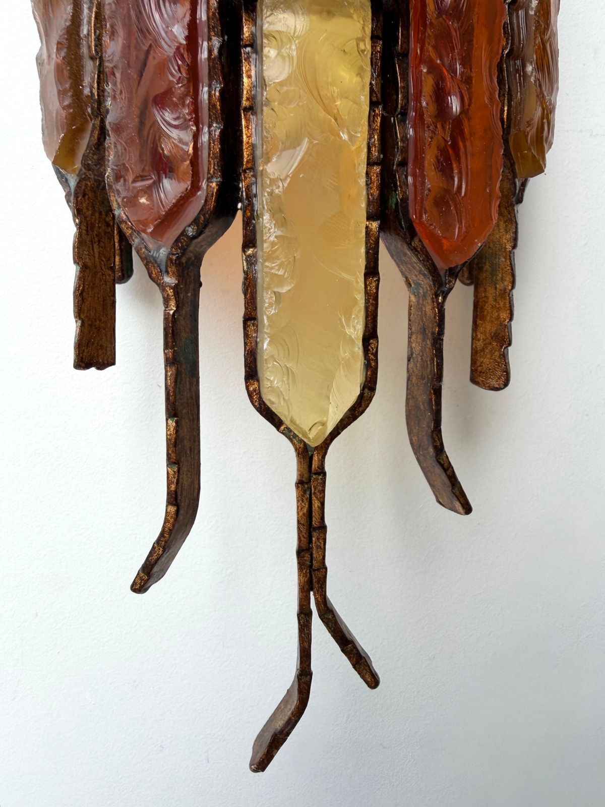 Pair Of Hammered Glass Wrought Iron Sconces By Longobard Italy 1970s photo vinterior