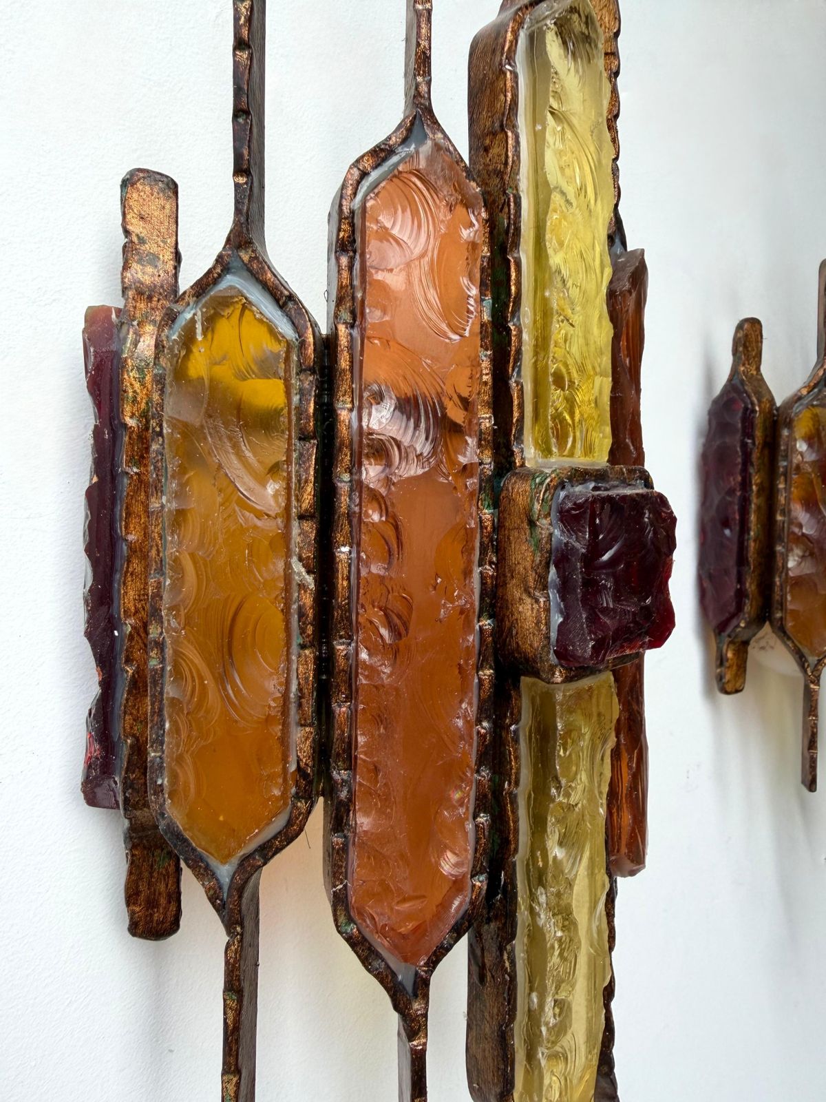 Pair Of Hammered Glass Wrought Iron Sconces By Longobard Italy 1970s photo buy