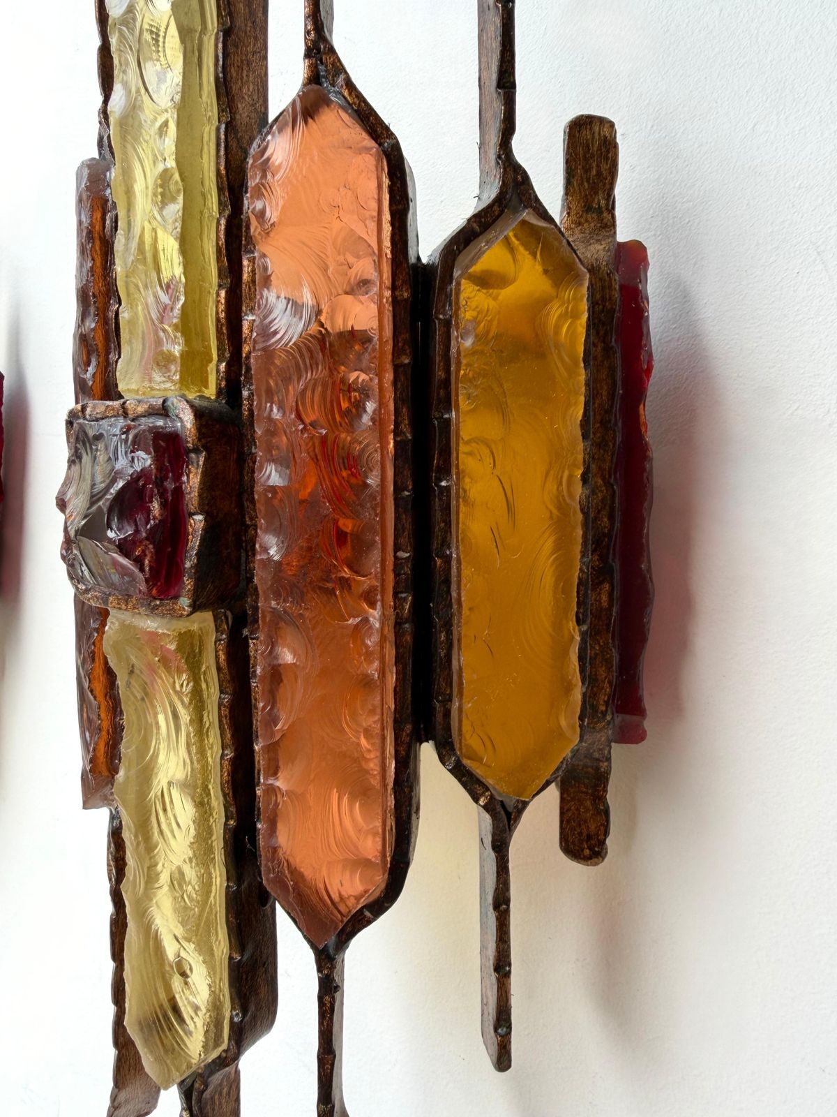 photo for sale Pair Of Hammered Glass Wrought Iron Sconces By Longobard Italy 1970s