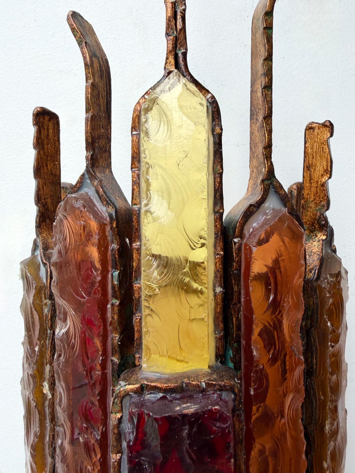 Lighting Pair Of Hammered Glass Wrought Iron Sconces By Longobard Italy 1970s photo