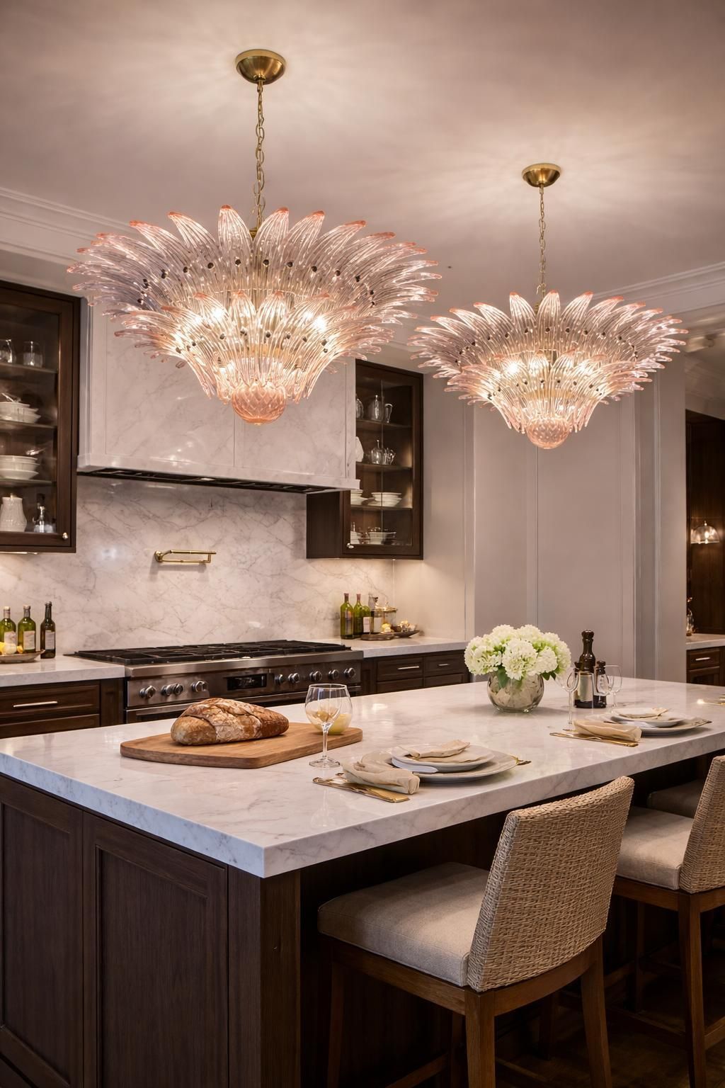 Italian Pink Leaves Palmette Chandelier Murano photo vinterior