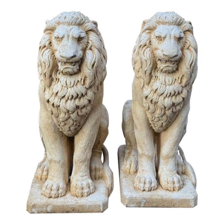 Pair Of Artificial Stone Entrance Lions, Italy