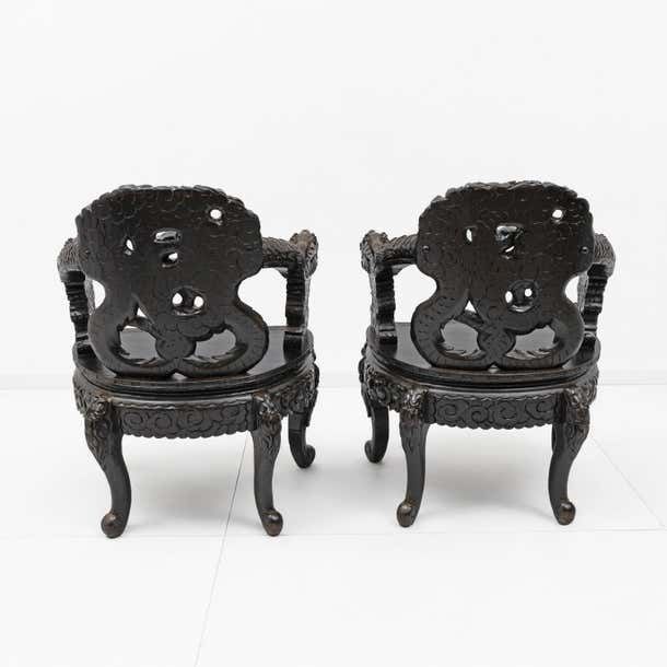 Pair Of Chinese Qing Dynasty Carved Dragon Armchairs, Ebonized Hardwood, 19th photo vinterior
