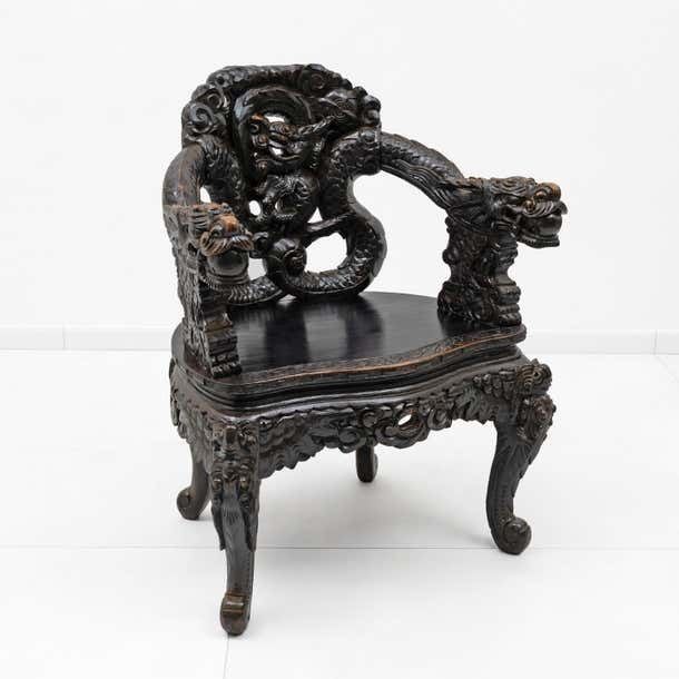Pair Of Chinese Qing Dynasty Carved Dragon Armchairs, Ebonized Hardwood, 19th photo buy