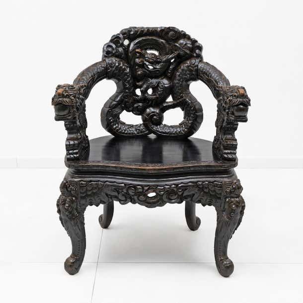 Pair Of Chinese Qing Dynasty Carved Dragon Armchairs, Ebonized Hardwood, 19th photo vintage