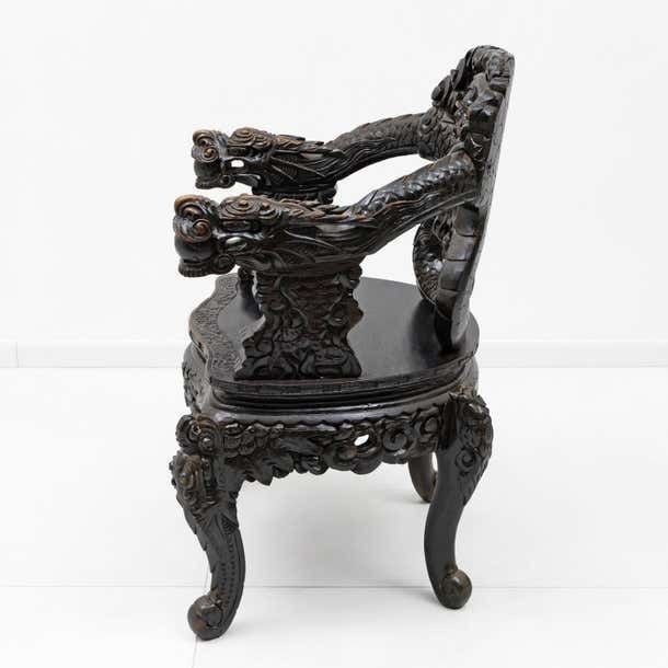 photo furniture Pair Of Chinese Qing Dynasty Carved Dragon Armchairs, Ebonized Hardwood, 19th