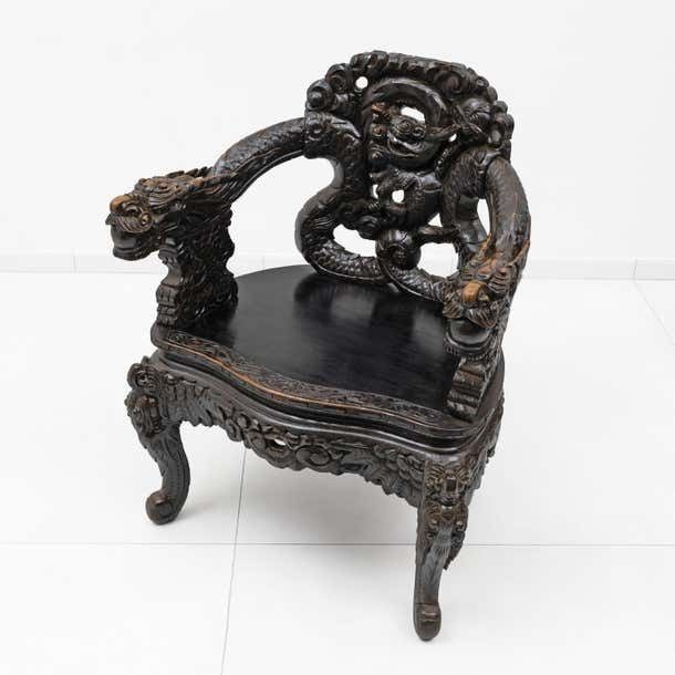 photo vinterior Pair Of Chinese Qing Dynasty Carved Dragon Armchairs, Ebonized Hardwood, 19th