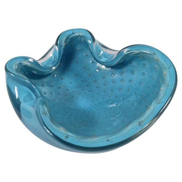 Murano Bullicante Glass Bowl By Alfredo Barbini, Pale Blue With Gold Polveri
