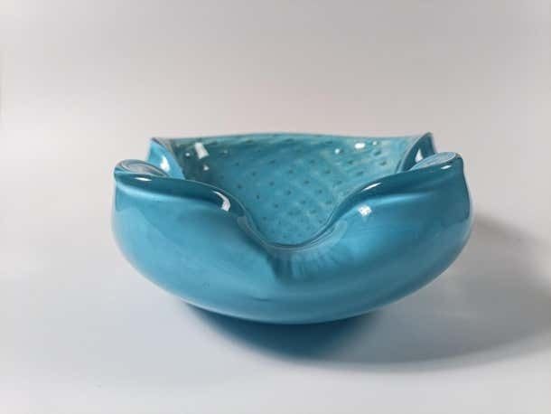 Murano Bullicante Glass Bowl By Alfredo Barbini, Pale Blue With Gold Polveri photo for sale