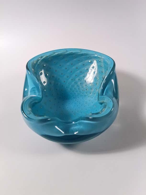 photo for sale Murano Bullicante Glass Bowl By Alfredo Barbini, Pale Blue With Gold Polveri