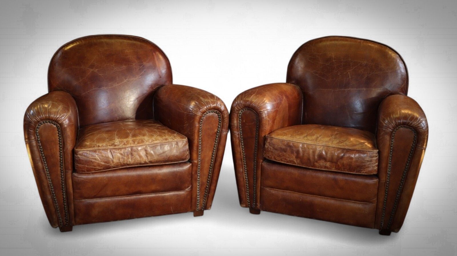 Stunning Pair Timothy Oulton Flea Market Leather Club Armchairs