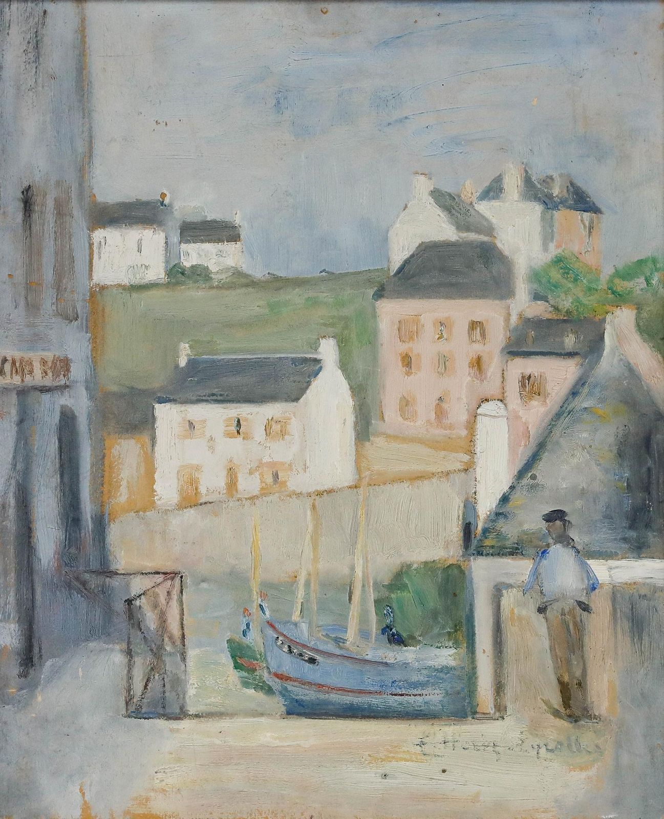 Cecile Hertz Eyrolles (1875 1974)   Mid 20th Century Oil, Fishing Village photo furniture
