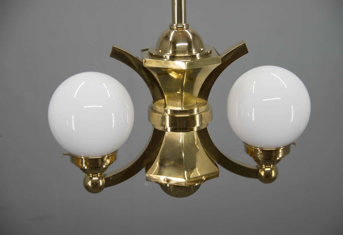 Art Deco Brass And Glass Chandelier By Gocar, 1910s, Restored photo vinterior