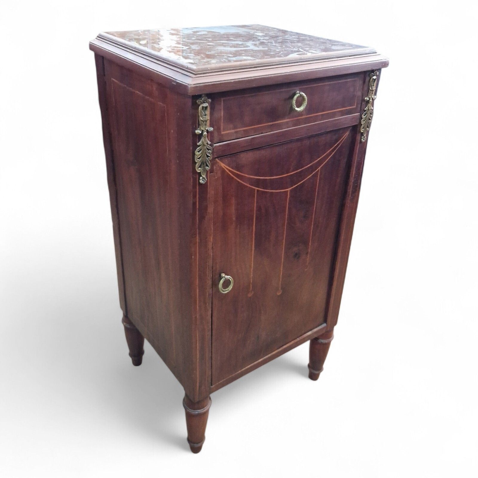 photo furniture French Louis XVI Style Marble Top Bedside Cabinet Inlaid Ormolu Antique Style