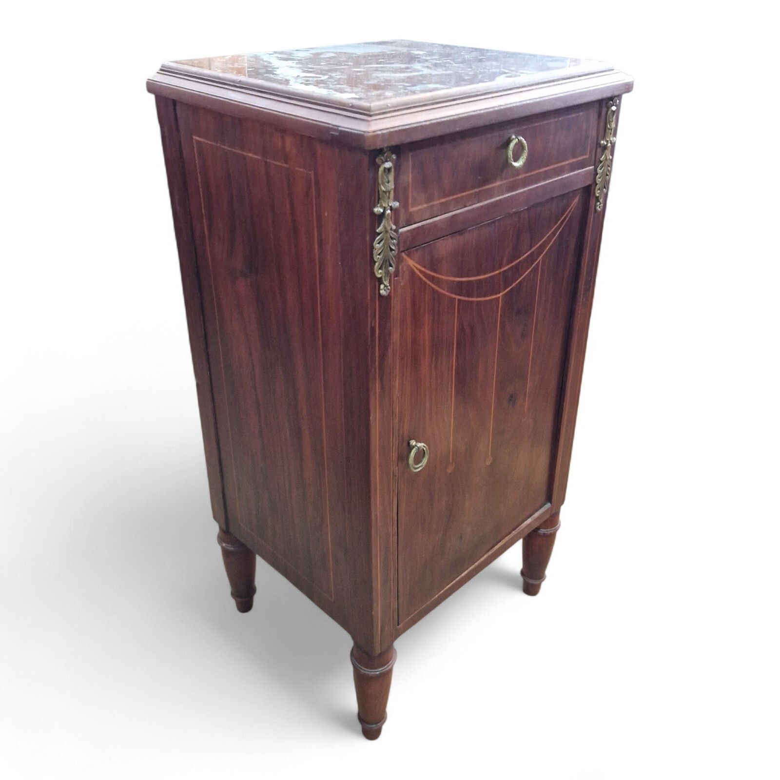 photo for sale French Louis XVI Style Marble Top Bedside Cabinet Inlaid Ormolu Antique Style