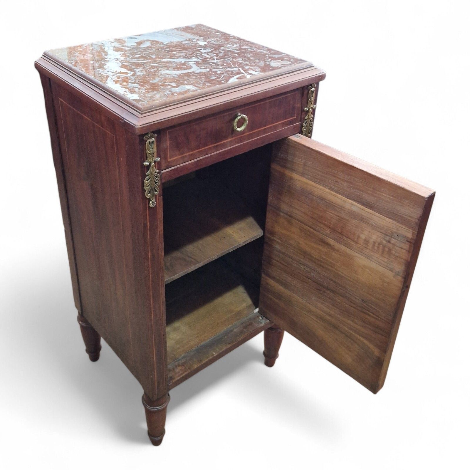 photo vinterior French Louis XVI Style Marble Top Bedside Cabinet Inlaid Ormolu Antique Style