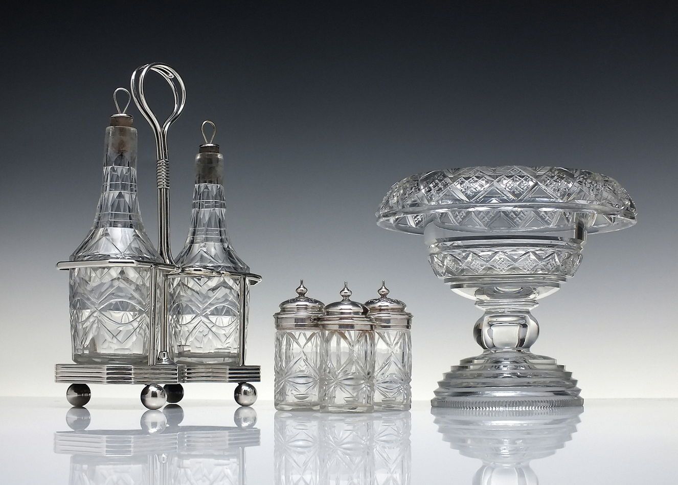 Pair Of Georgian Irish Cut Glass Oil & Vinegar Cruet Bottles With Silver Plated Stand C1770 80 photo furniture