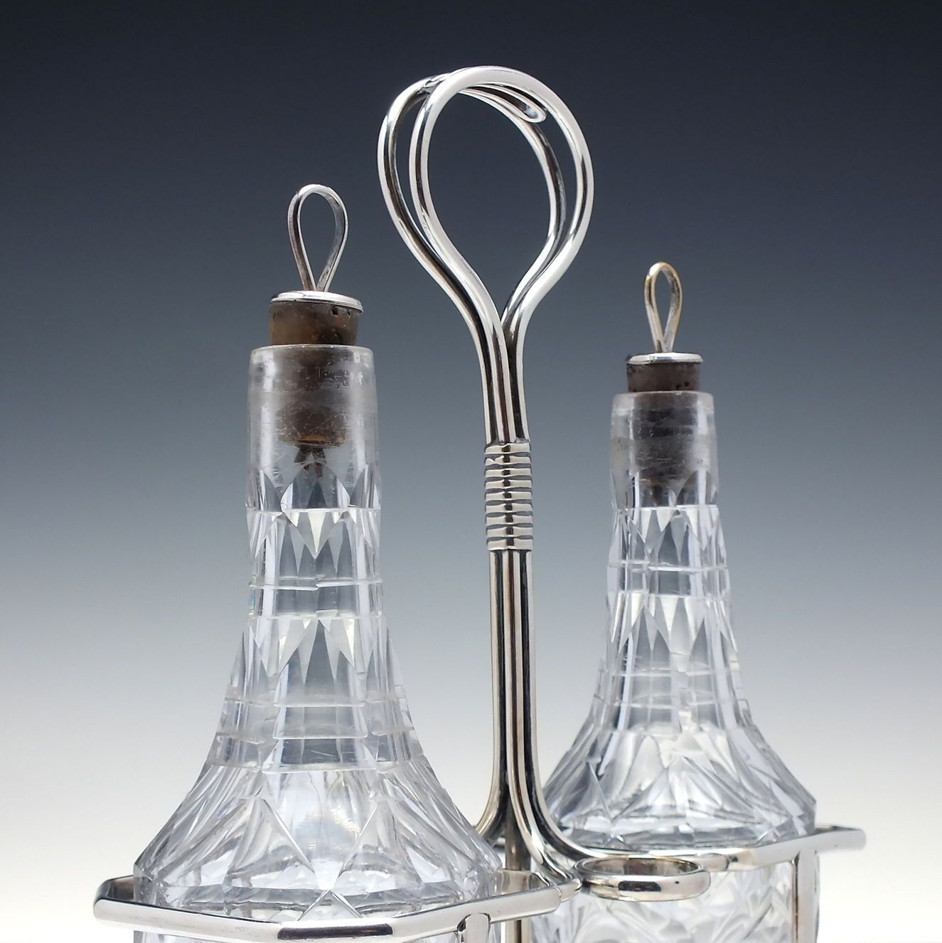 Pair Of Georgian Irish Cut Glass Oil & Vinegar Cruet Bottles With Silver Plated Stand C1770 80 photo Home Decor