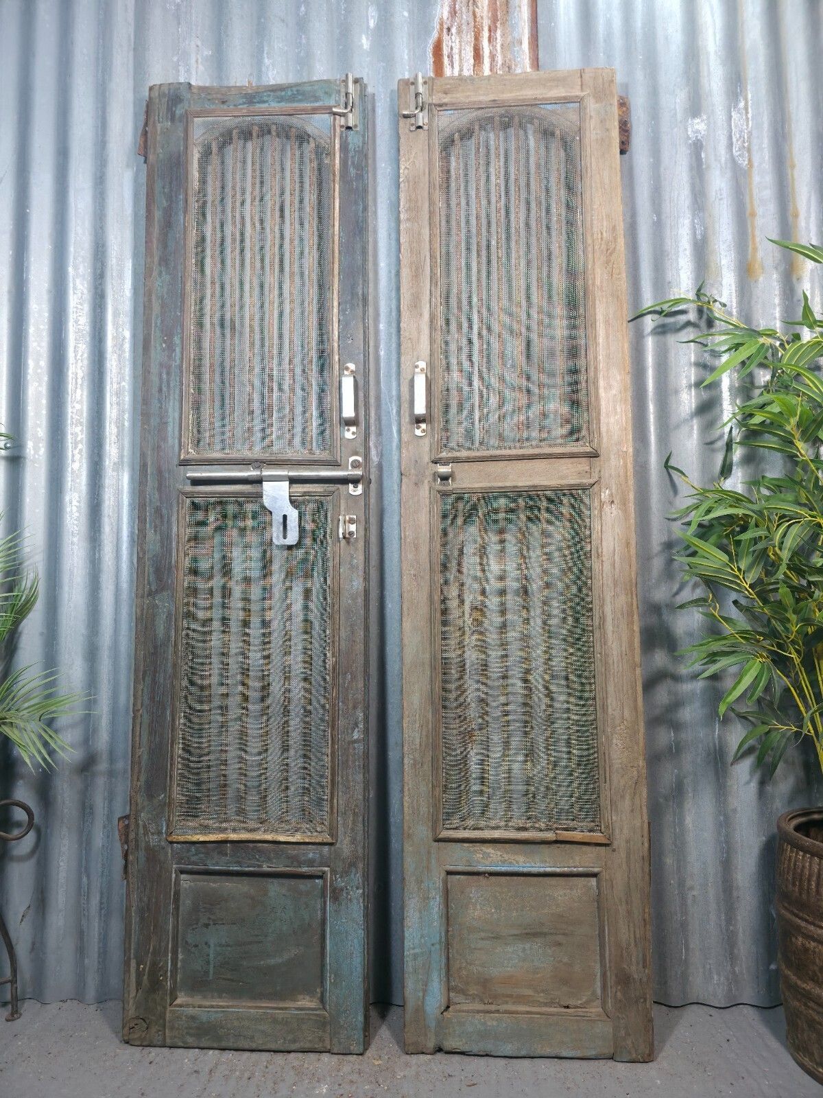 Pair Vintage Rustic Indian Wooden Iron Doors Garden Gates Room Divider Screen photo buy