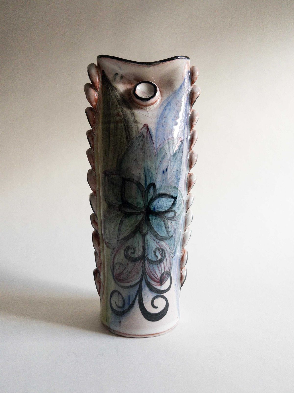 Swiss Studio Pottery   Unique Handmade Vase   Frilled Floral Sculptural Vase   Signed photo buy
