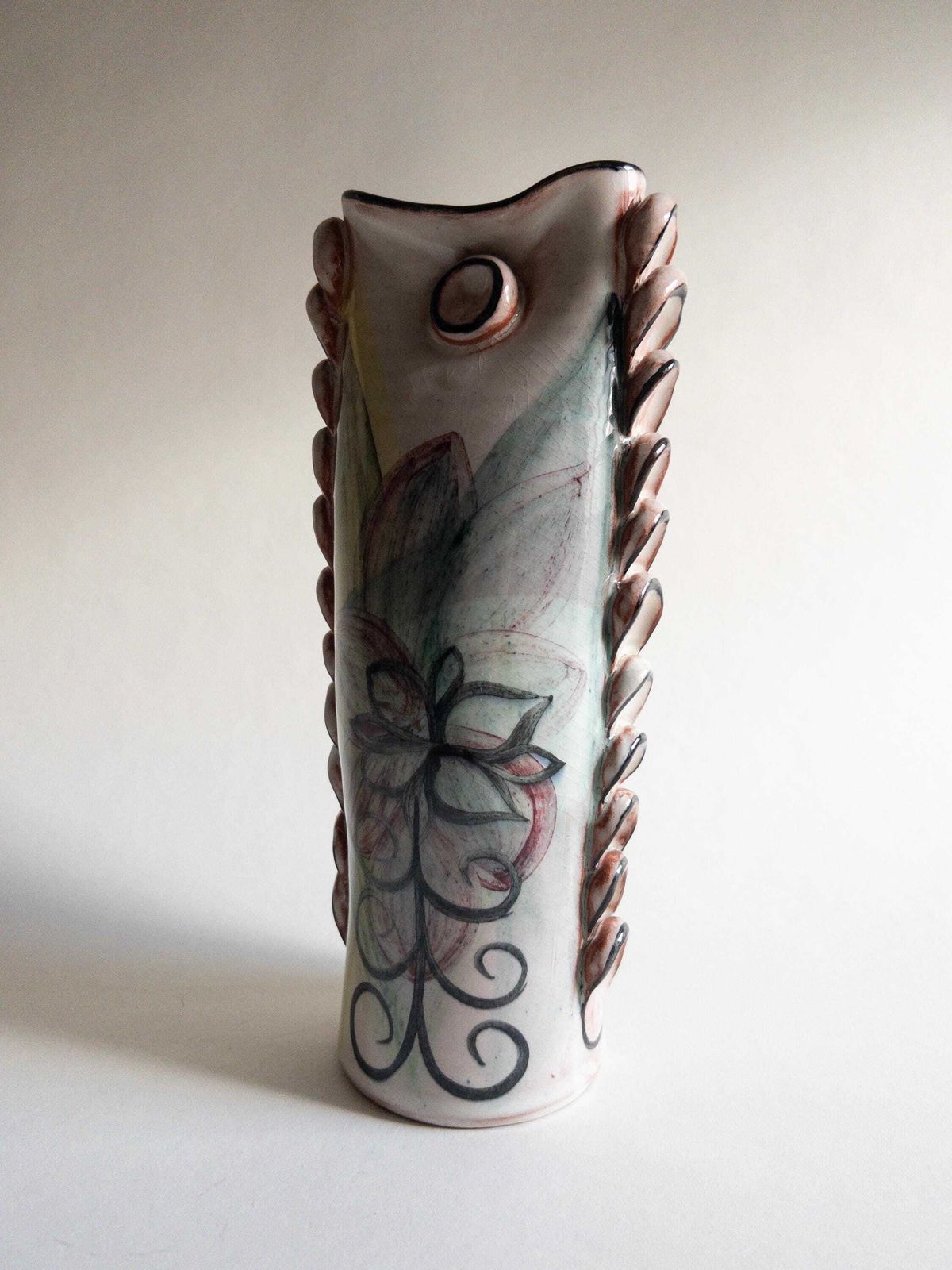 110.0 Swiss Studio Pottery   Unique Handmade Vase   Frilled Floral Sculptural Vase   Signed photo