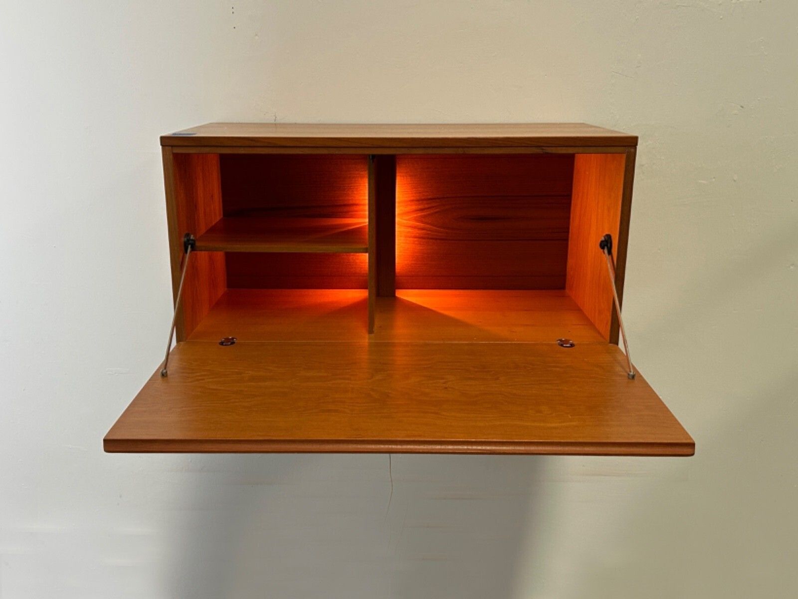Mid Century Wall Mounted Illuminated Drop Front Desk Cabinet By Beaver & Tapley photo furniture