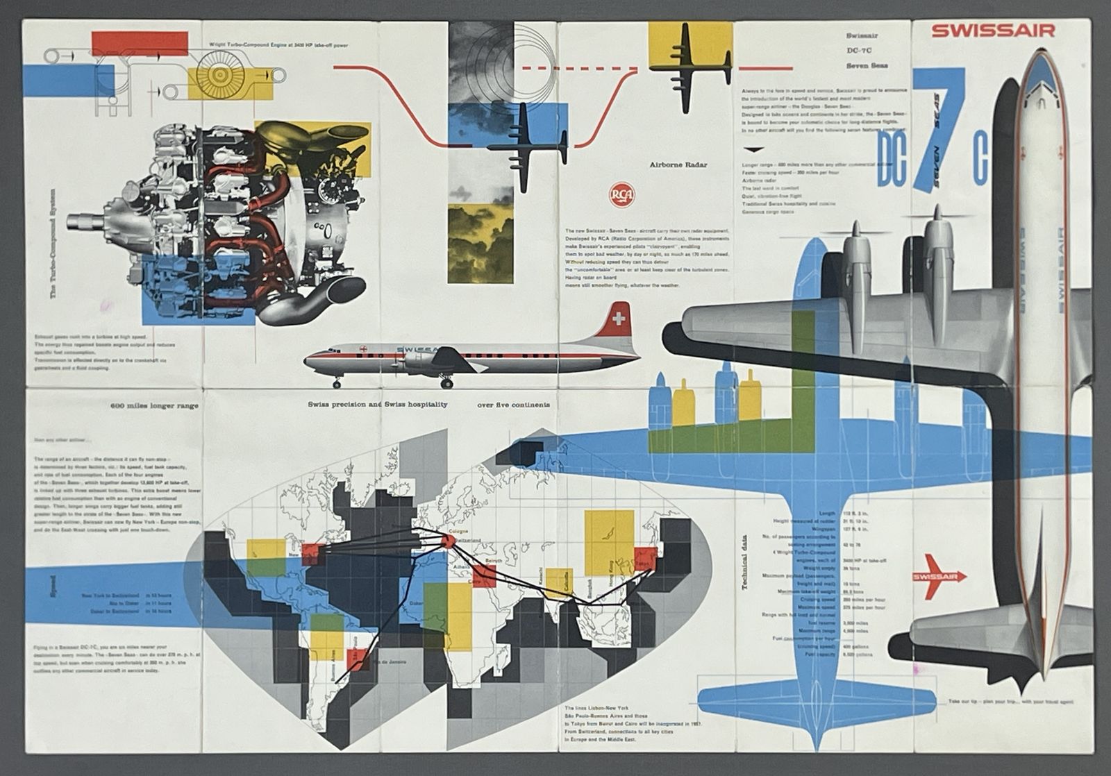 Original 1958 Swissair Dc 7c Seven Seas Leaflet/Poster Kurt Wirth Fair Condition