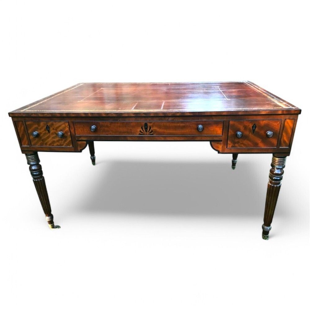 Mahogany And Ebony Inlay Writing Table With Leather Top