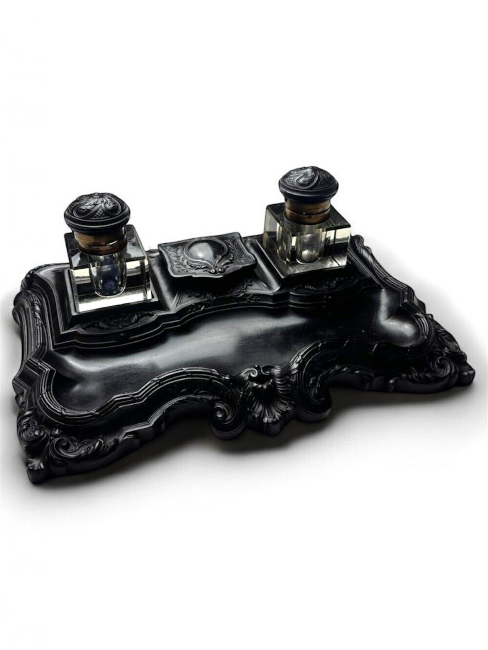 19th Century Ebony Inkwell With Intricate Carving photo furniture