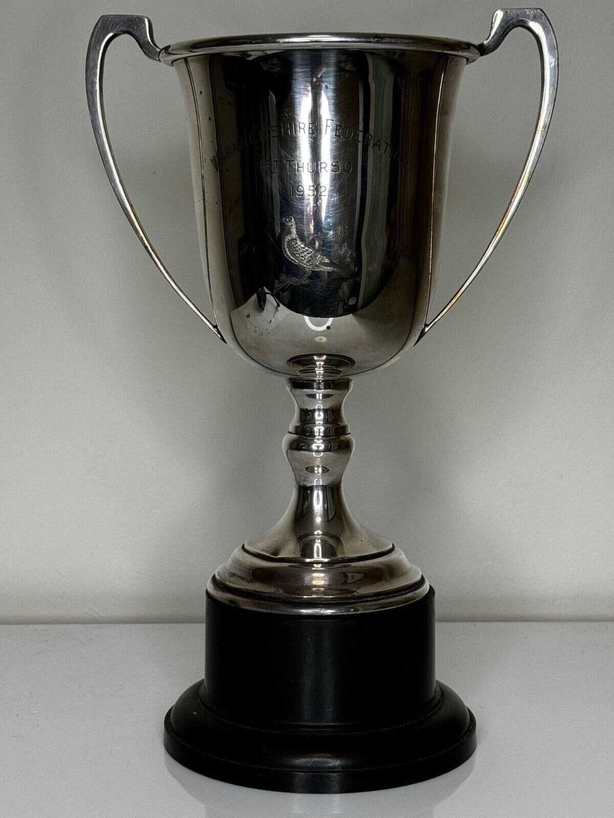 Vintage British Silver Plate Pigeon Racing Trophy Cup Warwickshire Federation 1952 photo furniture