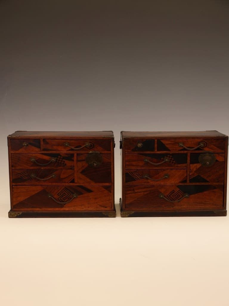 photo for sale Rare Matching Pair Of Japanese Meiji Period ‘Hakone’ Marquetry Kodansu