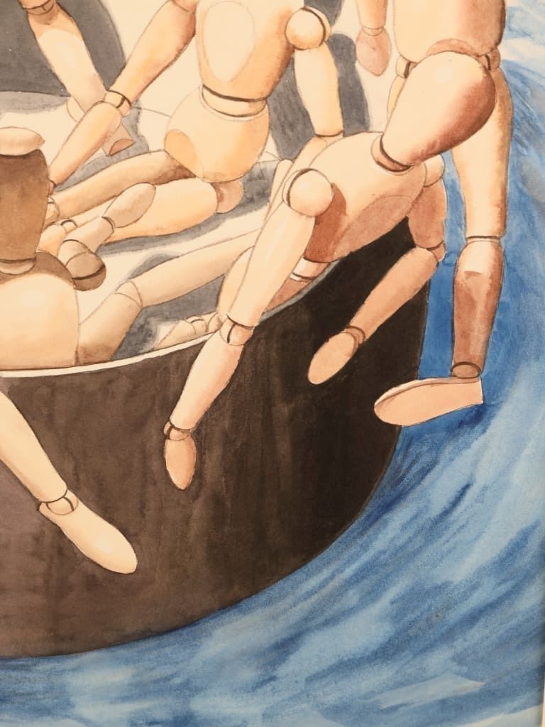 Derek Carruthers (1935–2021) – The Mannequin Gathering – Dated 1996 Original Watercolour photo furniture