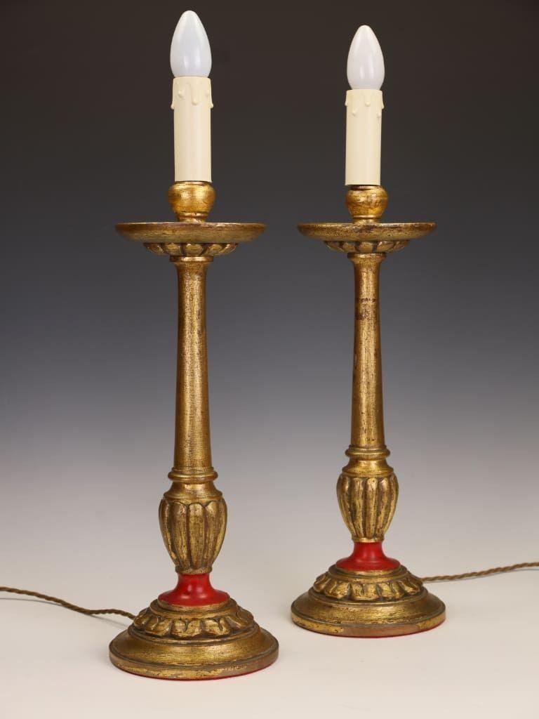 An Elegant Pair Of 19th Century French Gilt Wood Candlestick Lamps photo Home Decor
