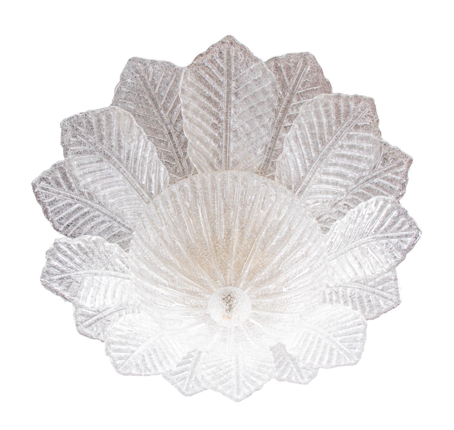 Murano Palmette 25" Flush Mount Pale Aquamarine Glass & Brass By Barovier, Italy. photo for sale