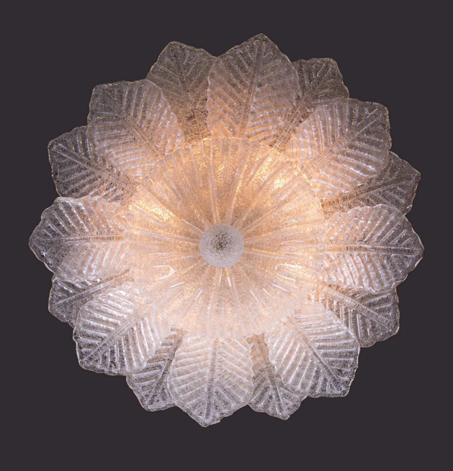 Murano Palmette 25" Flush Mount Pale Aquamarine Glass & Brass By Barovier, Italy. photo Lighting