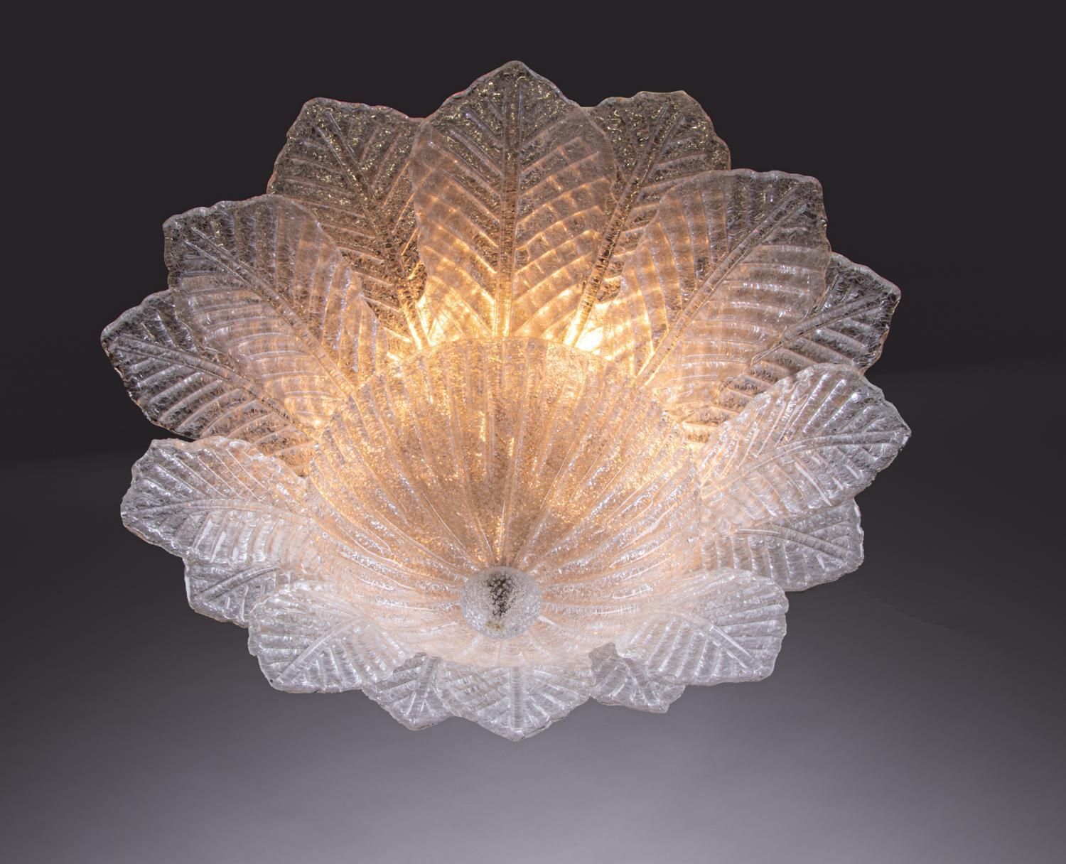 Murano Palmette 25" Flush Mount Pale Aquamarine Glass & Brass By Barovier, Italy. photo vinterior
