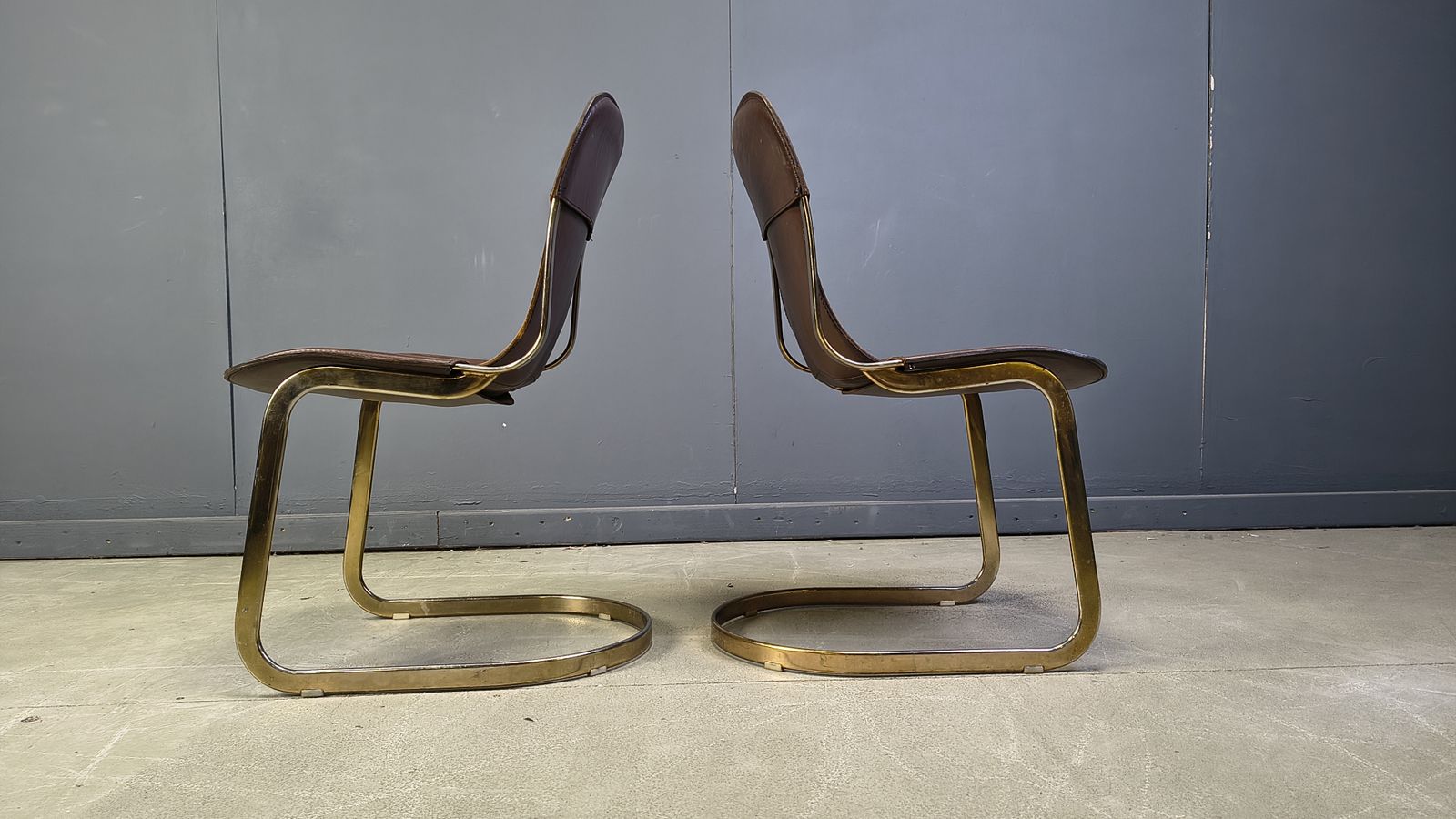 Vintage Brass And Brown Leather Dining Chairs By Willy Rizzo For Cidue Set Of 4, 1970s photo furniture
