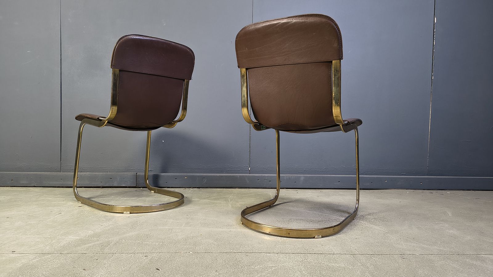 Vintage Brass And Brown Leather Dining Chairs By Willy Rizzo For Cidue Set Of 4, 1970s photo for sale