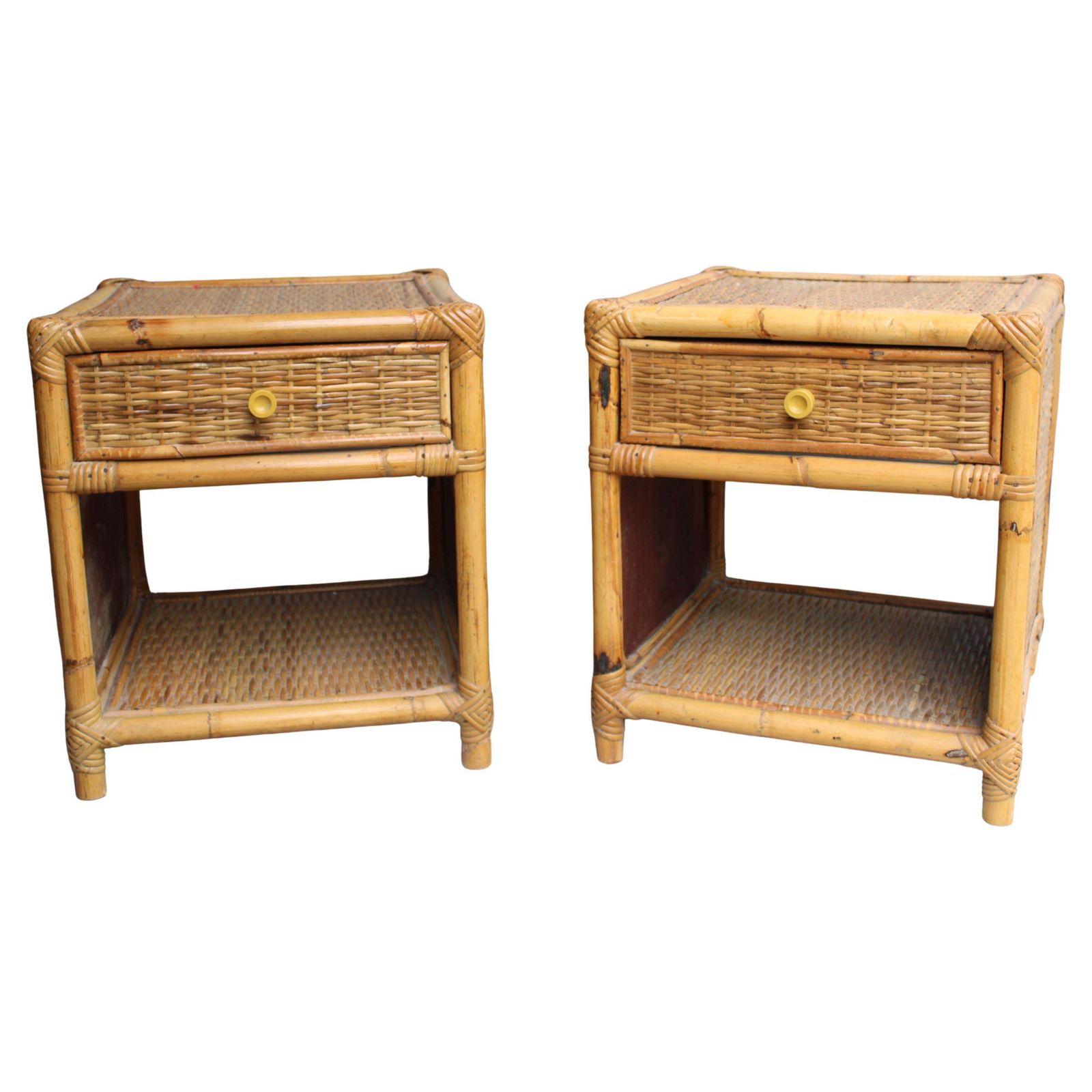 Pair Of Cube Shaped Bamboo Bedside Table With Drawer And Shelf Italy 1970s.