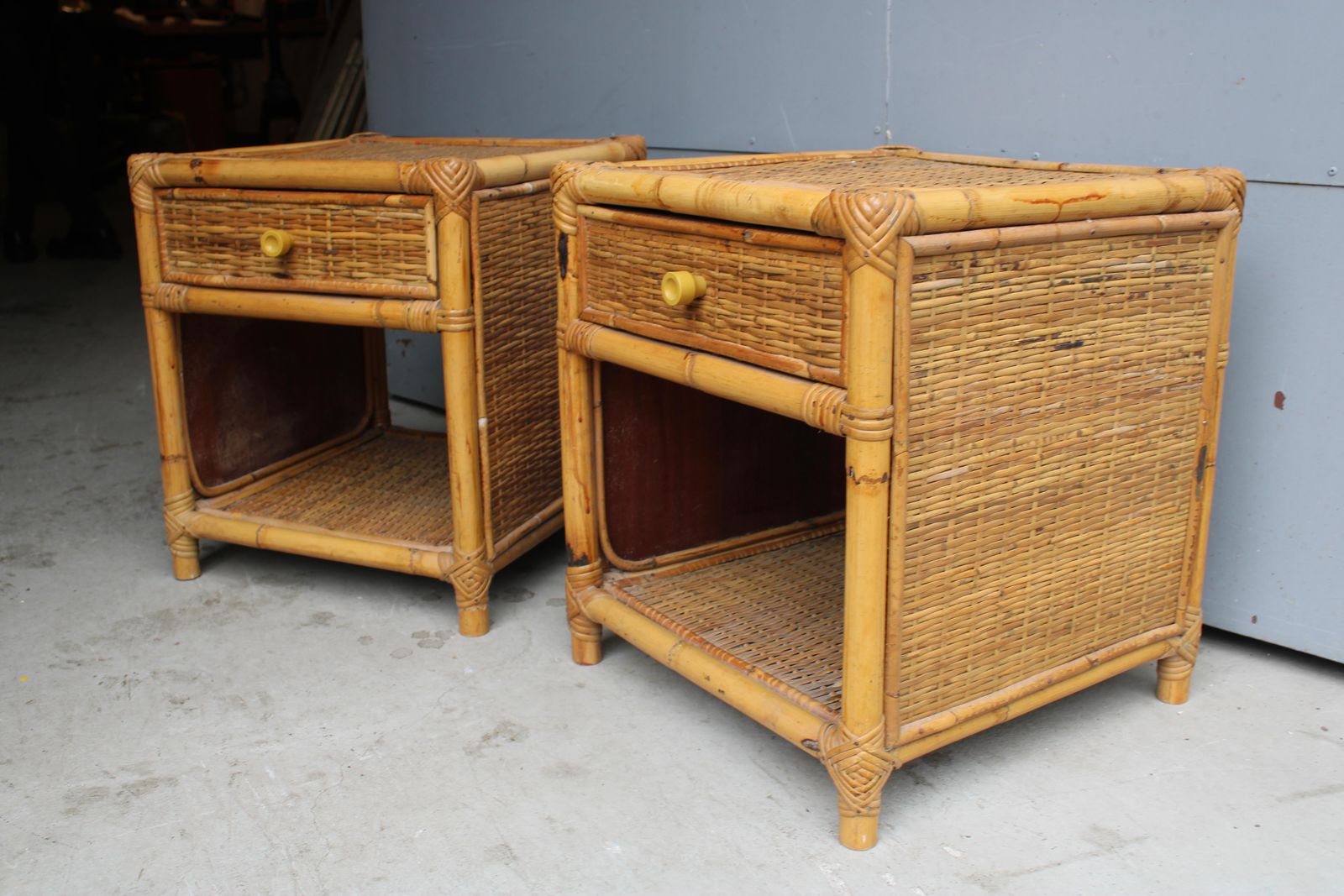 Pair Of Cube Shaped Bamboo Bedside Table With Drawer And Shelf Italy 1970s. photo vintage