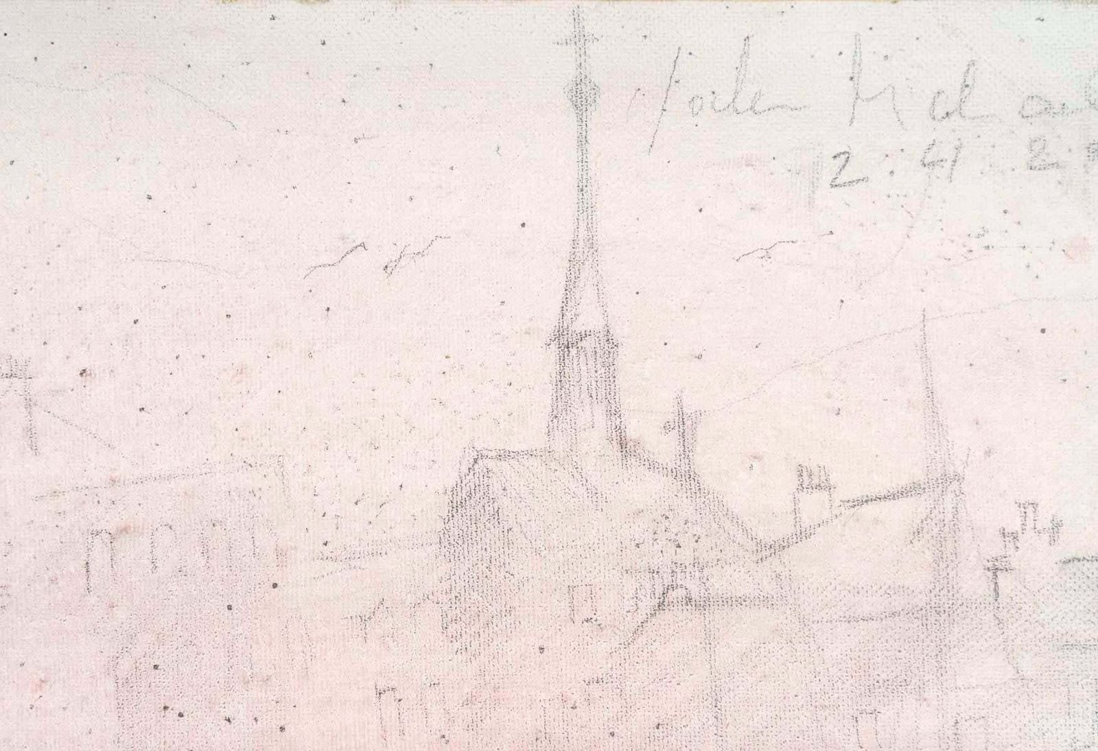 Drawing On Canvas By Jochen Michaelis, View Of A Village And Its Red Mist. photo furniture