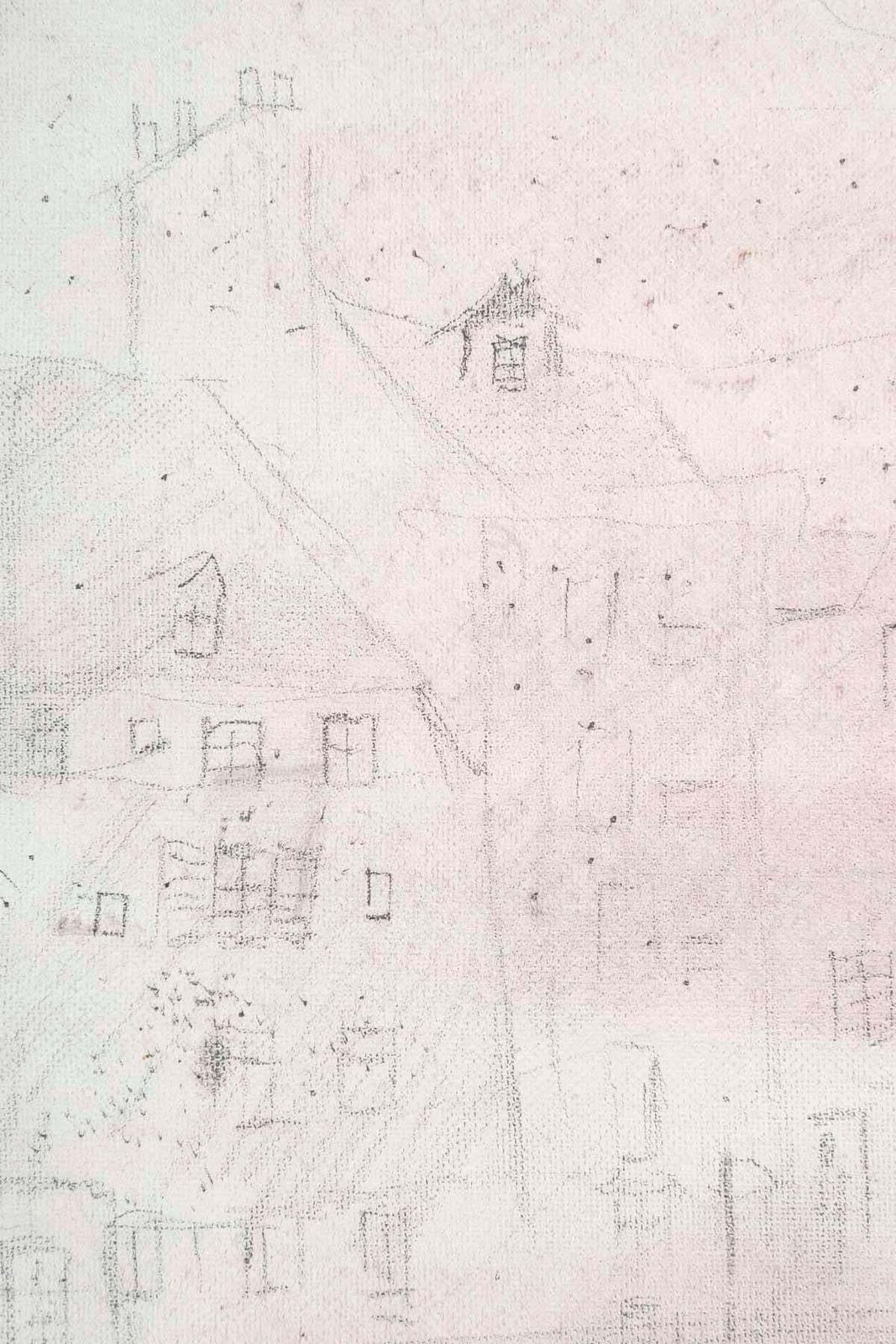 Drawing On Canvas By Jochen Michaelis, View Of A Village And Its Red Mist. photo Art