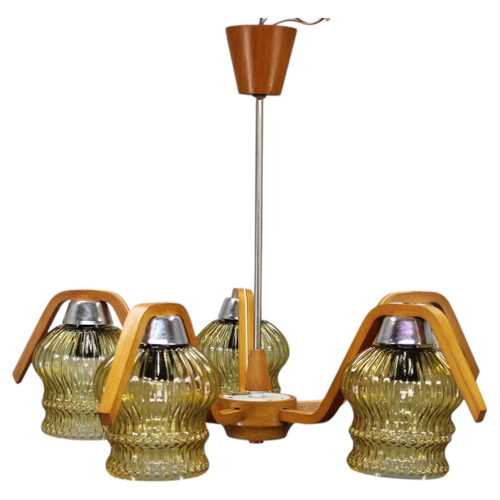 Mid Century Czech Wood Glass Chandelier, 1970s Restored.